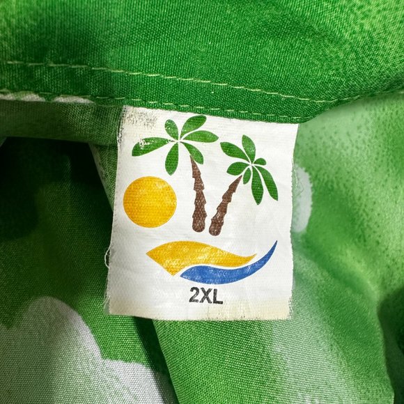 Vintage Mens Hawaiian print Shirt Island Palm Trees Bright Green Black 2XL - Picture 6 of 7